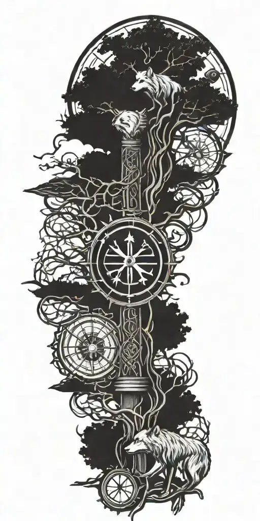 Yggdrasil Viking Compass Two Wolves Mjolnir Hammer