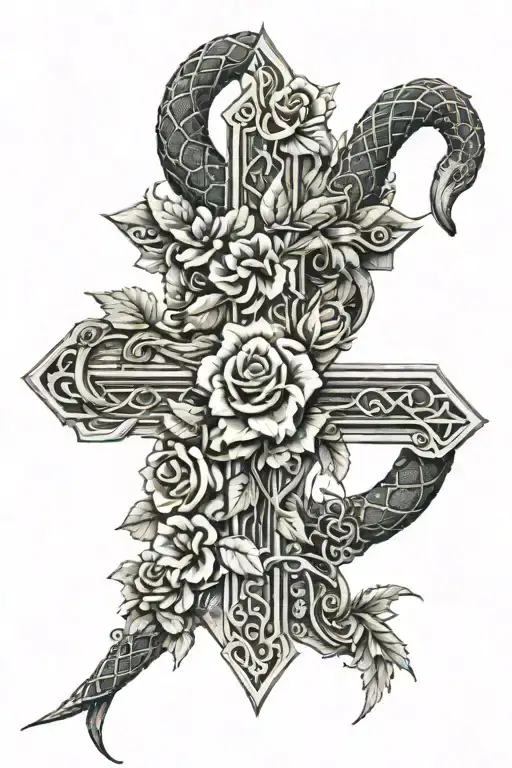 A 3D Cross With A Snake Covered In Rose Thorns Around It