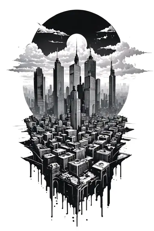 Post-apocalyptic Cyberpunk City Skyline Filled With Hazy Clouds And Tall Skyscrapers