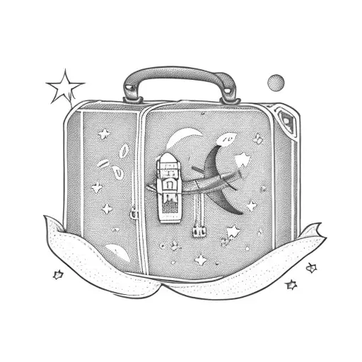 A Vintage Suitcase With Travel Stickers And A Moon Shining Above It