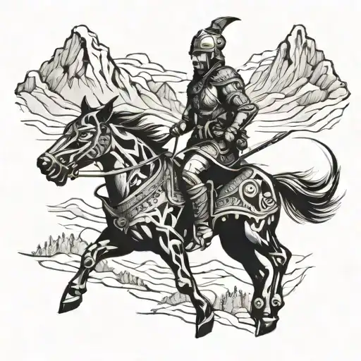 A Warrior Riding Through Mountains With Dog