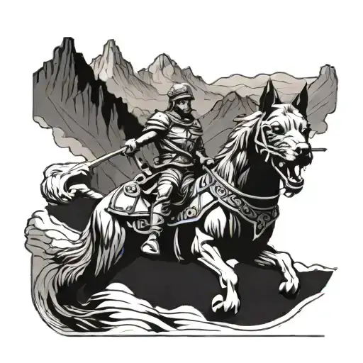 A Warrior Riding Through Mountains And Beaches With A Dog