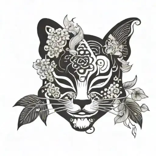 A Blackwork Tattoo Of Intricate Floral Patterns Intertwined With Traditional Japanese Masks