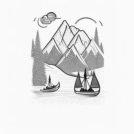 Mountain Scene With Water And Viking Boat