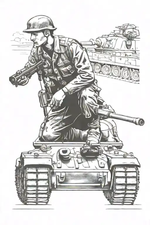 German Ww2 Soldier With A Panther Tank Going