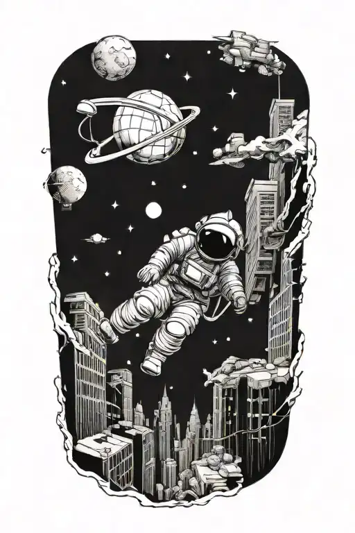 Astronaut Walking Down Road In Abandoned Metropolis Crumbling Skyscrapers Under Cosmic Sky