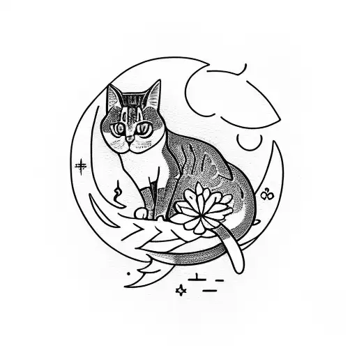 A Cat Sitting On A Crescent Moon Surrounded By Flowers