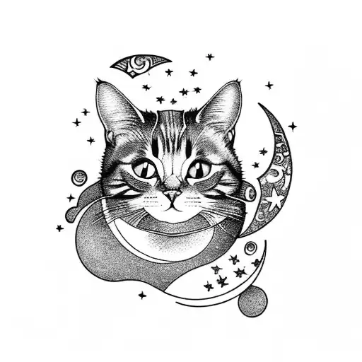 A Cat Curled Up Inside A Flower With The Moon And Stars As Its Backdrop