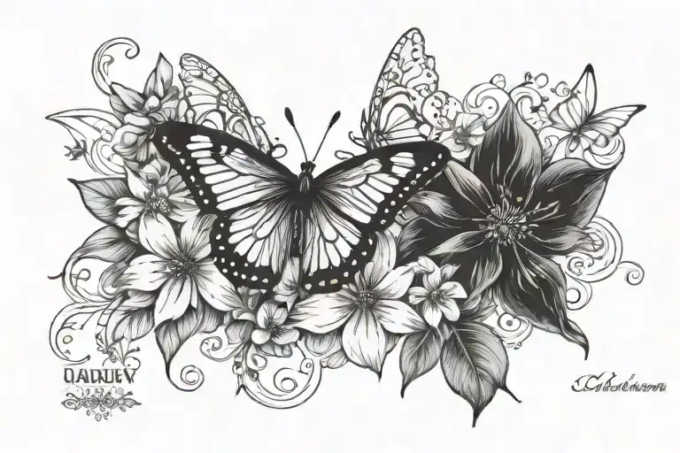 A Flower With Name Written And With Butterflies On Collarbone