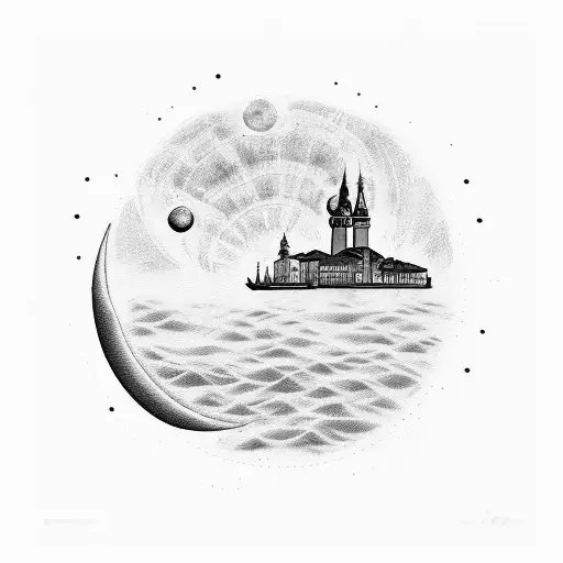 A Blackwork Tattoo Of A Haunted Venice Landscape With A Hair Moon In The Sky