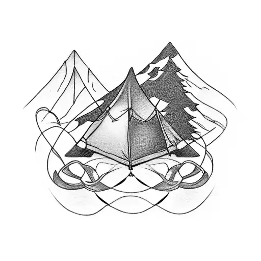 A Blackwork Tattoo Of My Kids' Names Intertwined With Camping Gear