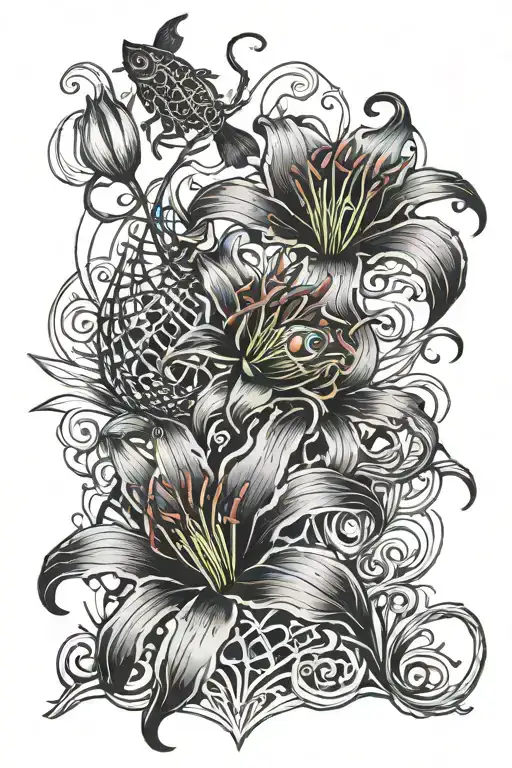 Three Spider Red Lily With Two Beta Fish Witch Are Swiming Around Spider Red Lily