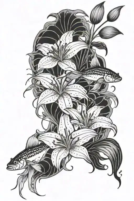 Three Spider Red Lily And Two Beta Fish Swimming Together Around Flower