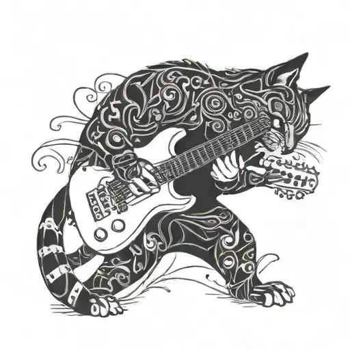 A Blackwork Tattoo Of A Cat Playing A Guitar