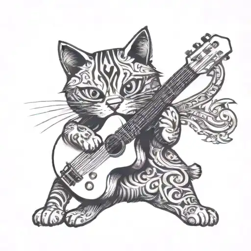 A Blackwork Tattoo Of A Cat Playing A Guitar