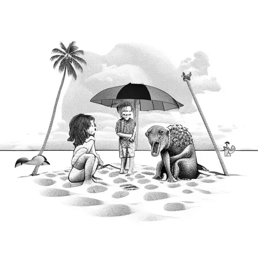 A Beach Scene With Kids Building Sandcastles Surrounded By Animals