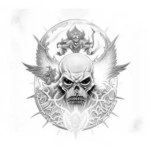 A Full Sleeve Tattoo Of A Celestial Battle Between Angels And Demons In Black And White