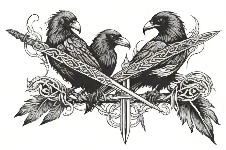 Viking Raven Feather And Sword Intertwined