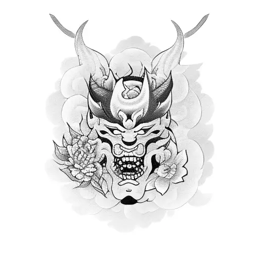 Hannya Mask With Flowers Or Japanes Cloud