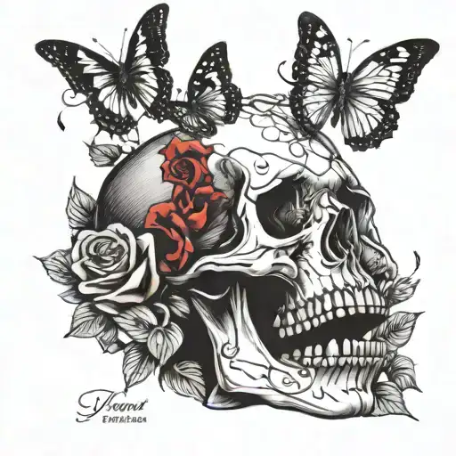 Skull With Red Roses And Small Butterflies Witht He Quote I Am Free