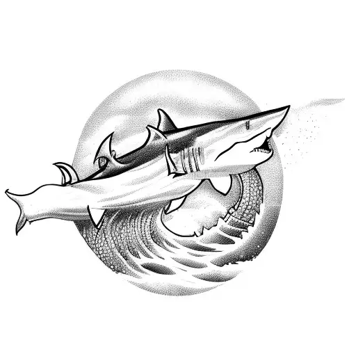 A Powerful Shark Emerging From A Wave In A Blackwork Style