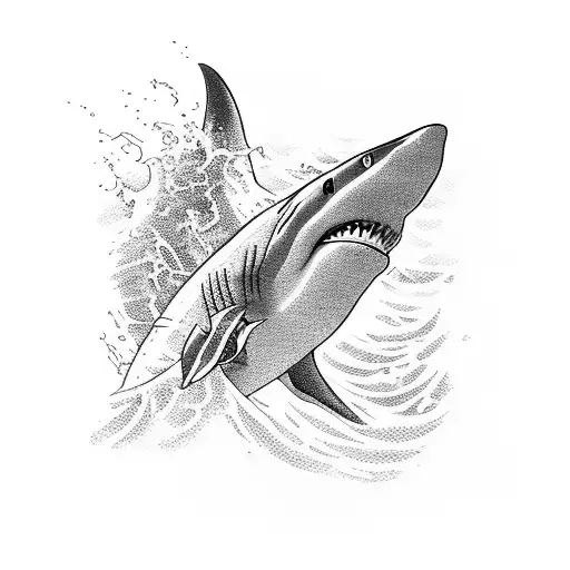 A Powerful Shark Emerging From A Wave In A Blackwork Style
