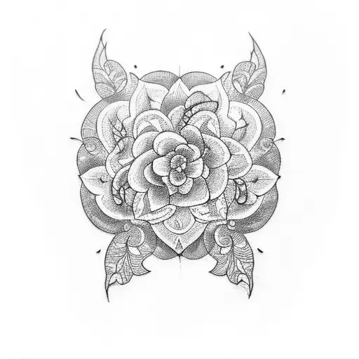 A Blackwork Tattoo Of A Pumpkin Surrounded By Intricate Floral Patterns