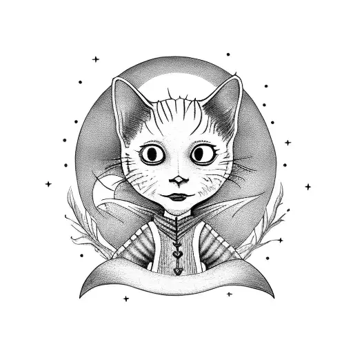 A Blackwork Tattoo Of Coraline Holding A Black Cat On A Broomstick Against A Halloween Moon