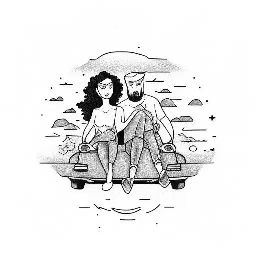 Couple Sitting On A Van With A Sunset Behind