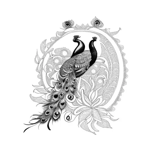 A Blackwork Tattoo Of A Majestic Peacock Surrounded By Vibrant Paintbrushes And A Sewing Needle