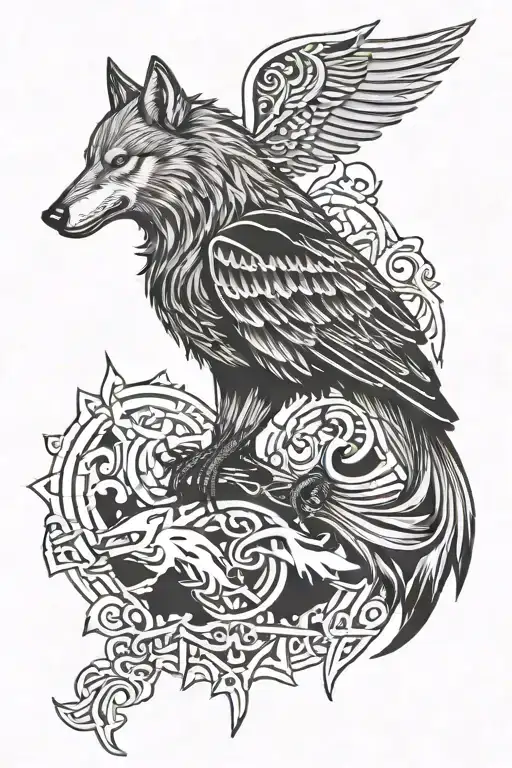 Viking Wolf And A Raven