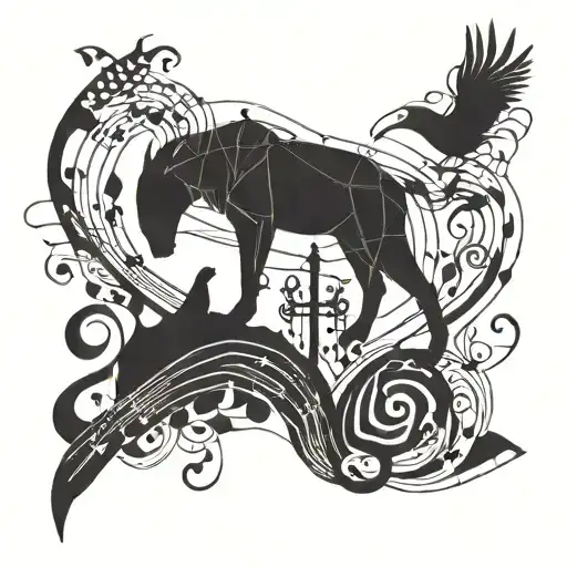 A Geometric Design Incorporating Musical Notes And Animal Silhouettes