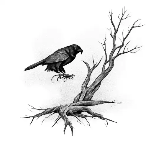 A Solitary Crow Perched On A Withered Tree Branch