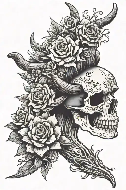 Half Sleeve Western Long Horn Skull With Flowers And Cactus