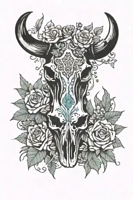 Half Sleeve Western Bull Skull With Flowers And Cactus And Turqoise
