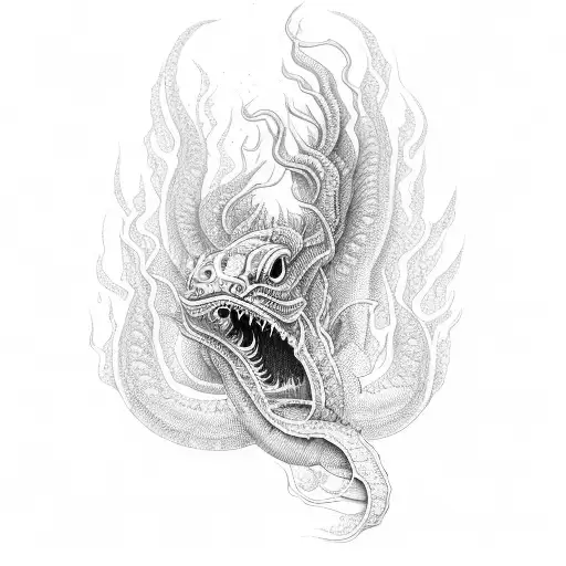An Intricate Dotwork Design Of A Demonic Eel Emerging From The Water