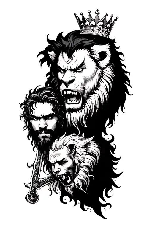 Angry Loin With Jungle Forest With Tree And Father Son With Crown And Some Weapon