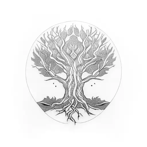 A Blackwork Tattoo Featuring A Stylized Family Tree With Intricate Roots And Branches