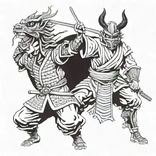 Samurai Fighting With Oriental Dragon With Kabuki Mask