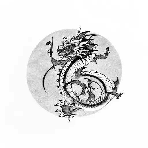 Colored Japanese Dragon With Sword