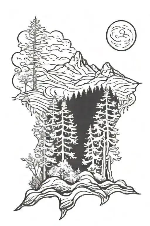 Dark Forest Clearing With Mountains