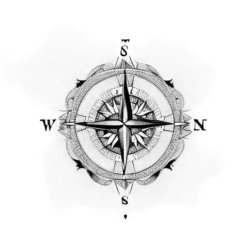 A Blackwork Tattoo Of A Compass Surrounded By Intricate Forest Foliage And Wildlife