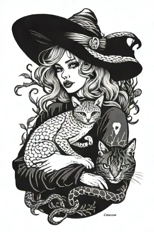 Witchy Girl Holding Cat In Nature With Snake