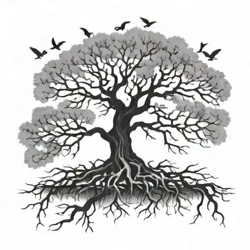Tree With Roots And Branches With No Leaves And Birds Flying Off Away Into The Sky And Clouds