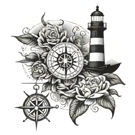 Lighthouse With Compass Rose With Anchor