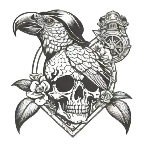 Sand Hourglass Parrot With Pirate Hat Skull With Sunglasses Exotic Flowers