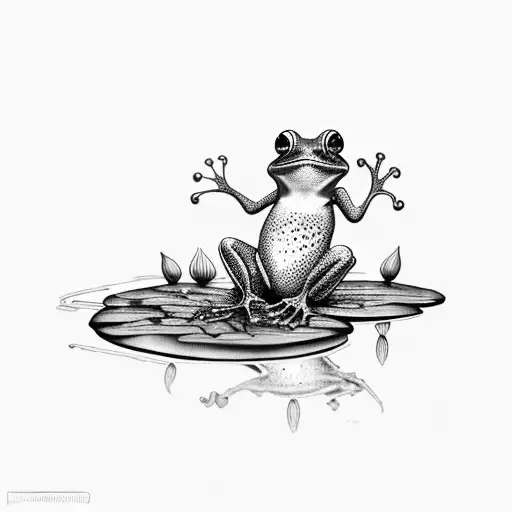 Realism Blackwork Tattoo Of A Frog Perched On A Lilly Pad In A Pond