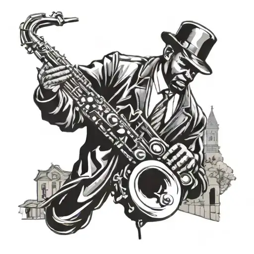 A Jazz-inspired Tattoo Design Featuring A Saxophone Player In A New Orleans Street Scene