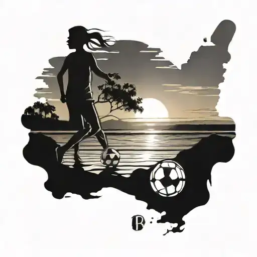 A Silhouette Of A Father And Daughter Playing Soccer On The Beach At Sunset