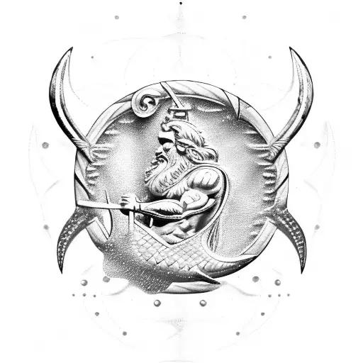 Poseidon Holding A Pisces Shaped Trident